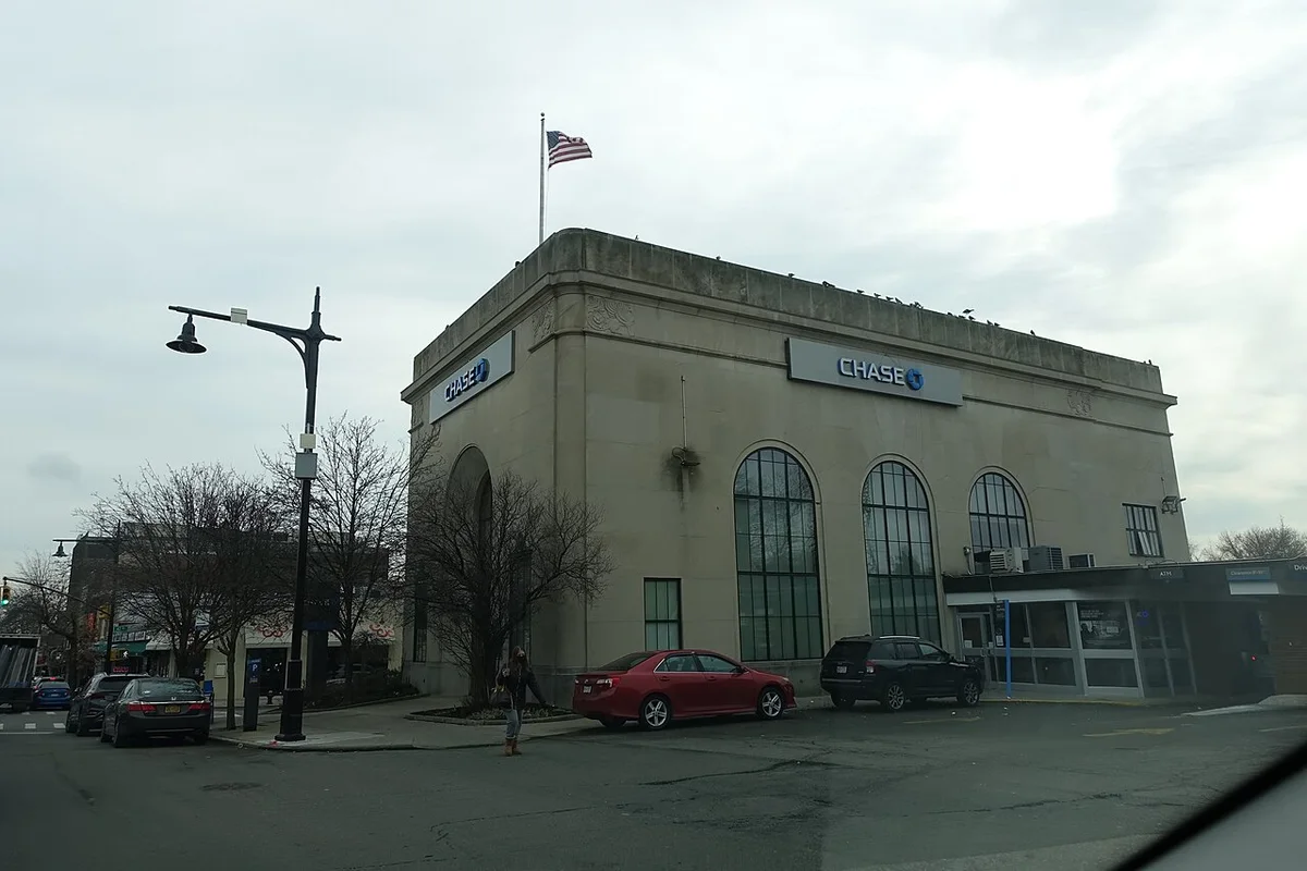 Historic Bayside National Bank building on Bell Boulevard in Bayside, Queens
