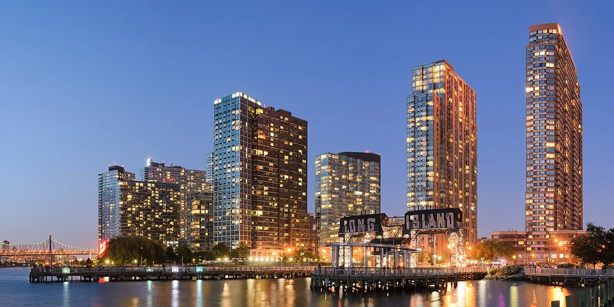 Three-segment panorama of Long Island City, Queens, New York City.