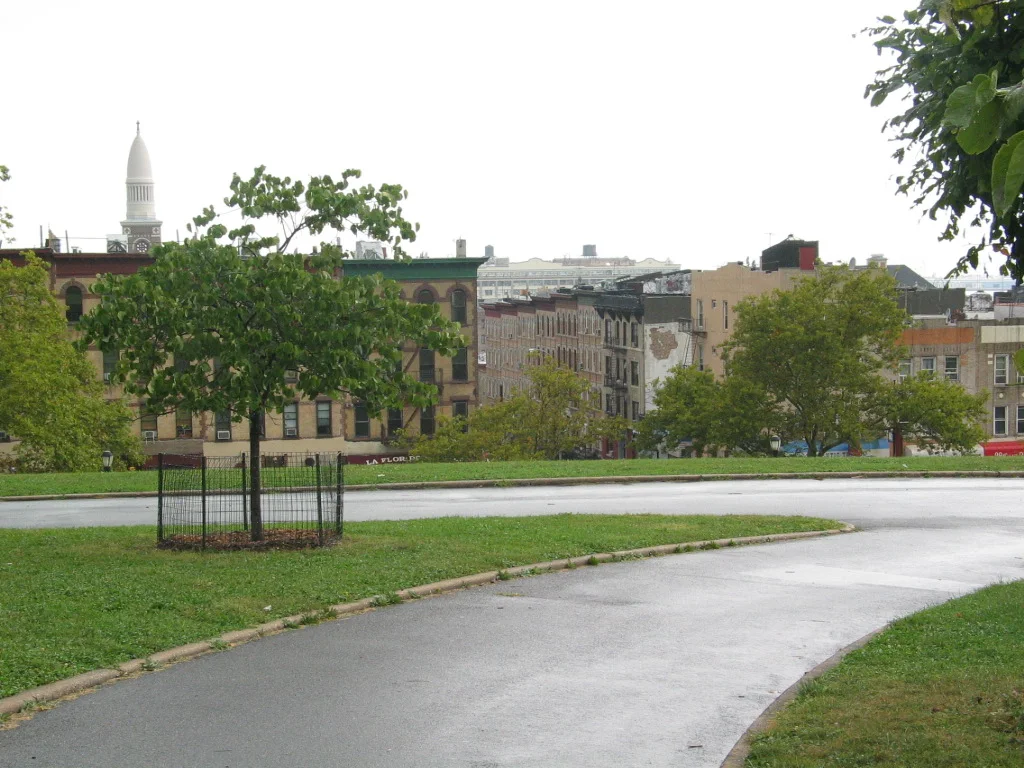 Tree-lined paths overlooking the neighborhood from Sunset Park, Brooklyn
