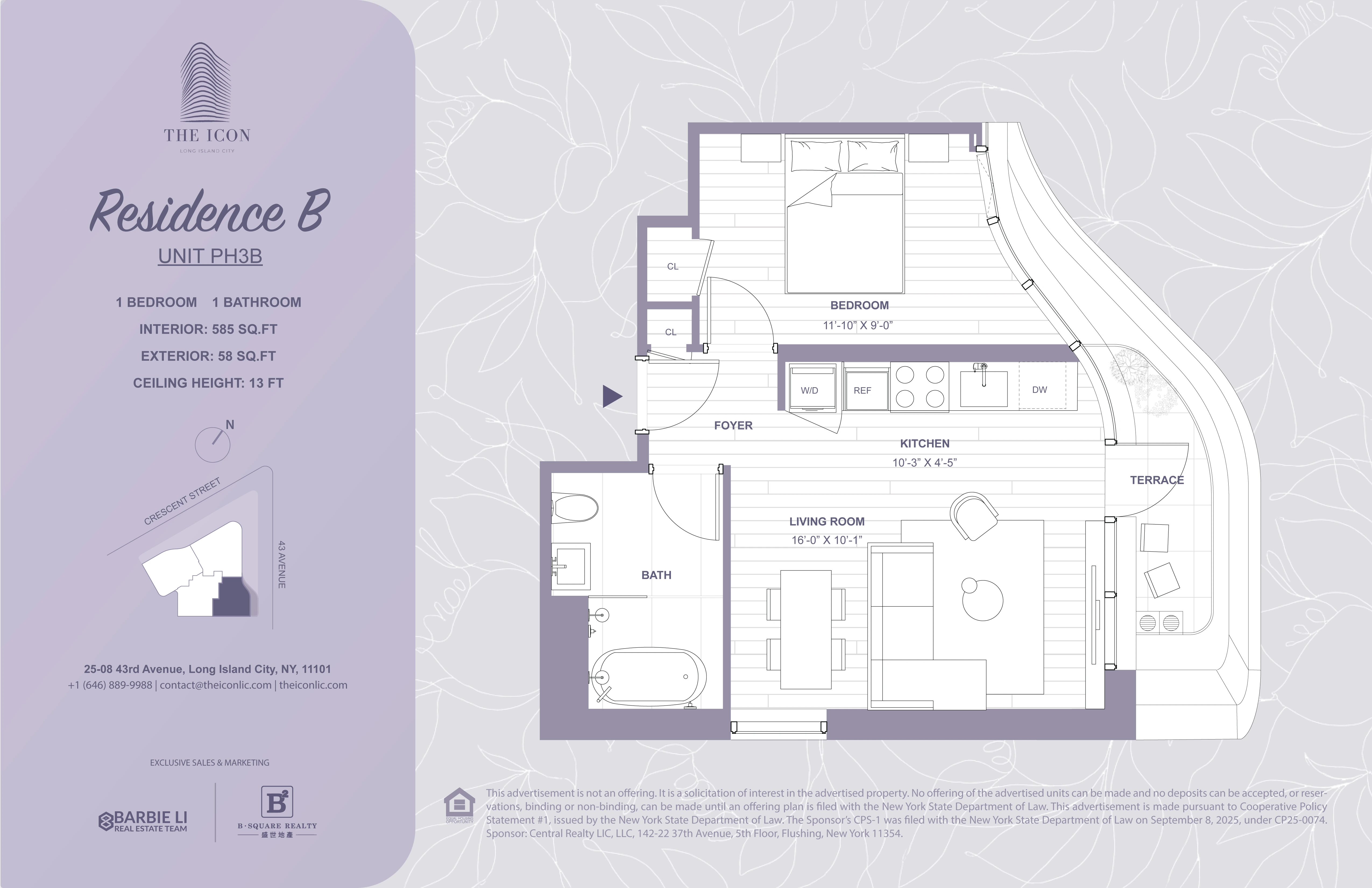 The Icon PH-3B floor plan in Long Island City: 1 bed, 1 bath, 585 sq ft interior