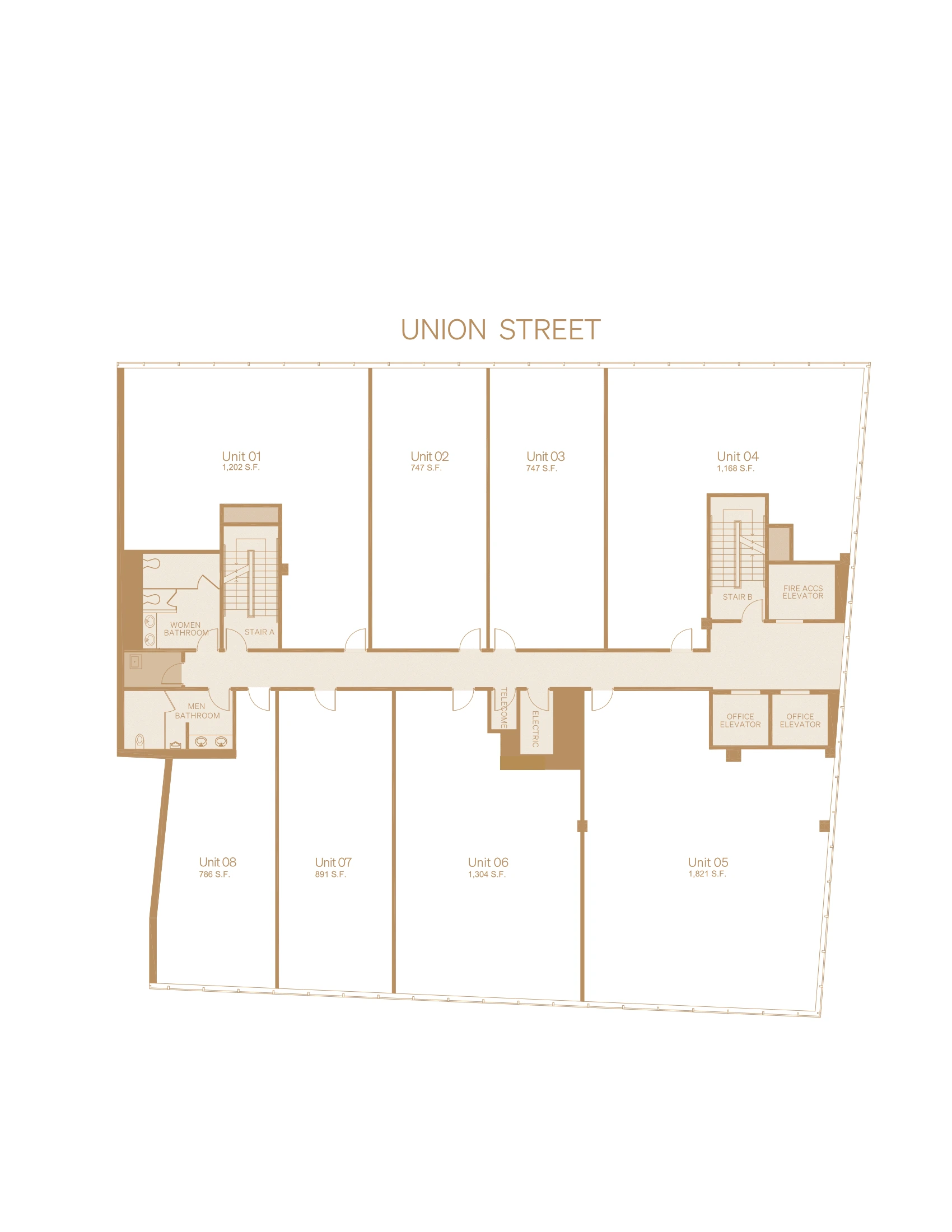 Union Center Floor 15 office floor plan in Flushing, showing unit layout and common circulation