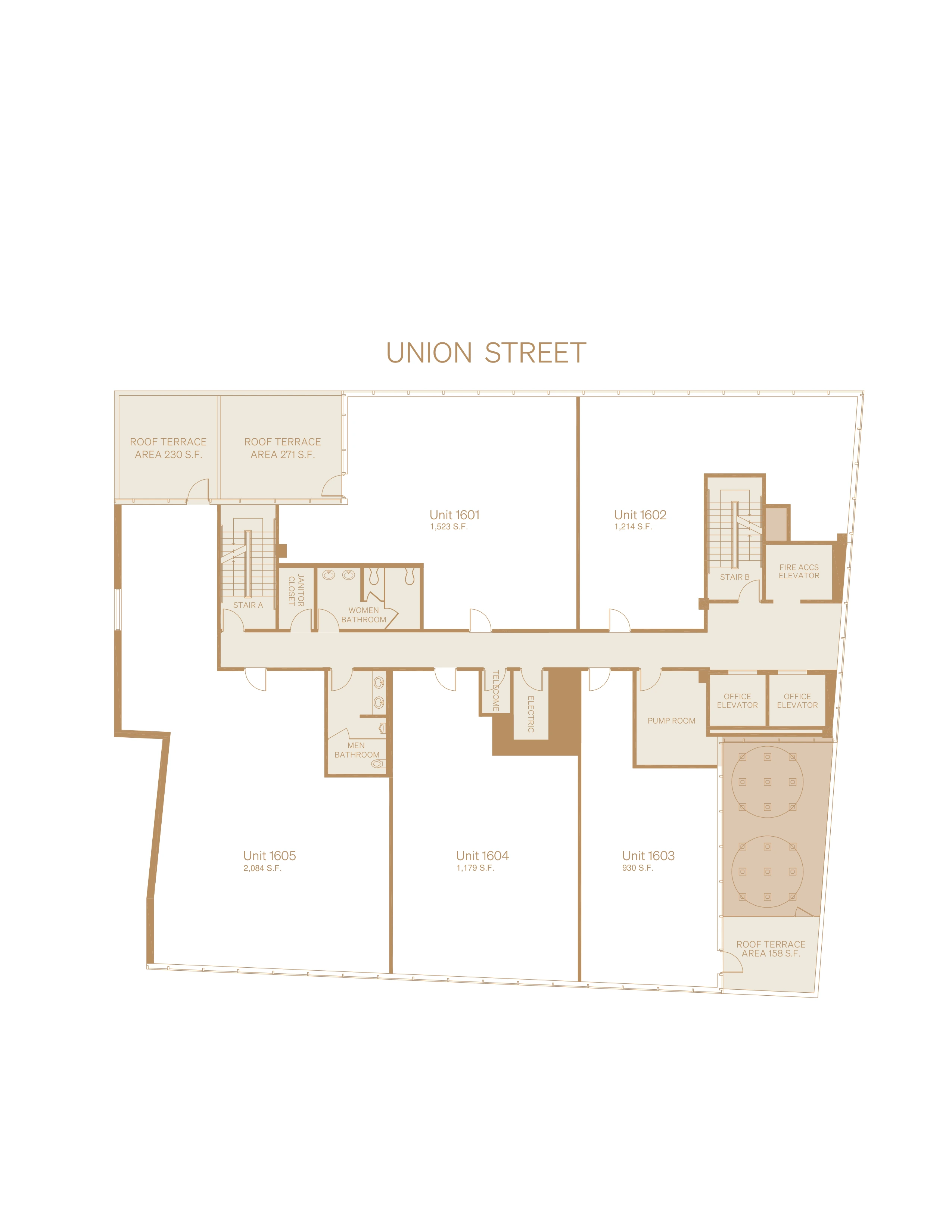 Union Center Floor 16 office floor plan in Flushing, showing unit layout and common circulation