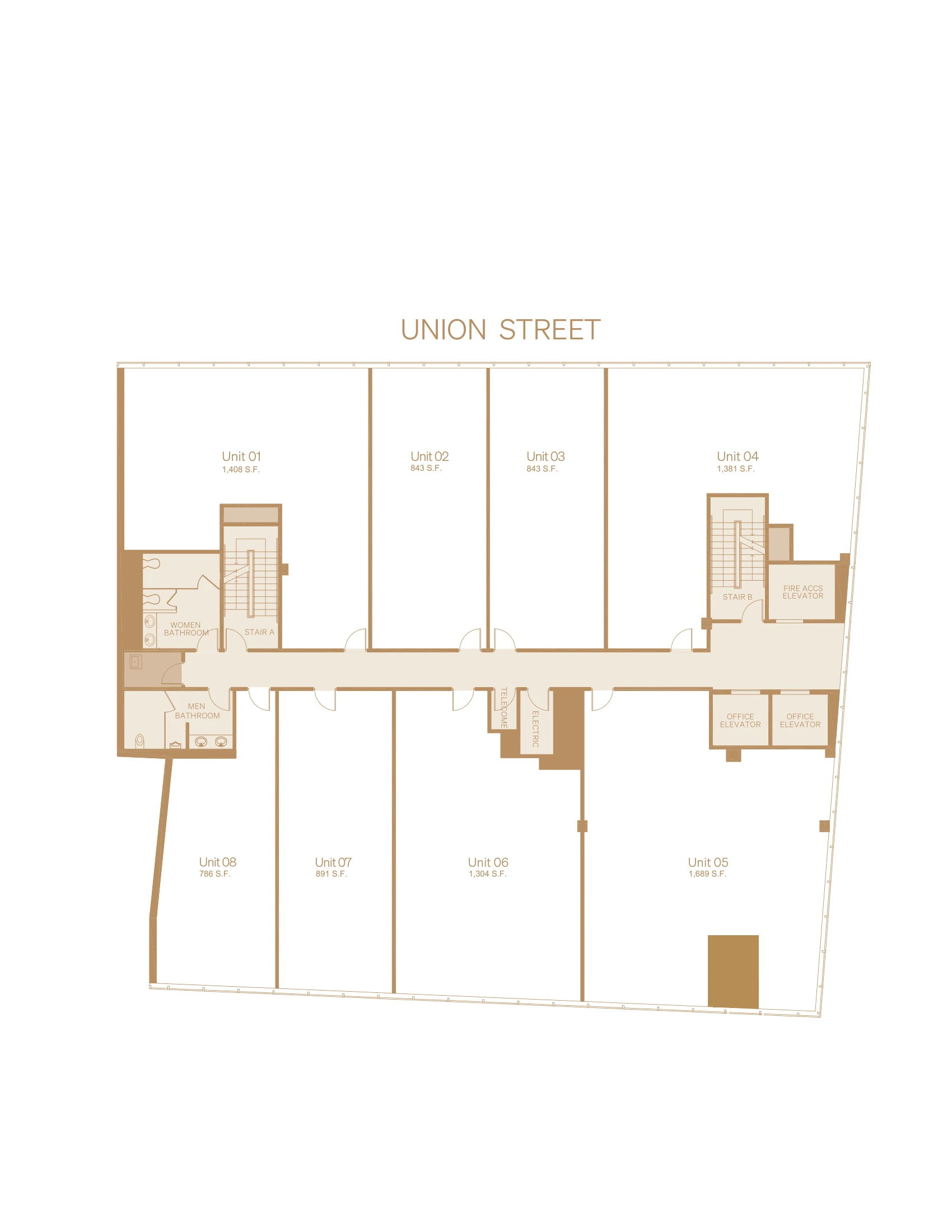 Union Center Floor 5 office floor plan in Flushing, showing unit layout and common circulation