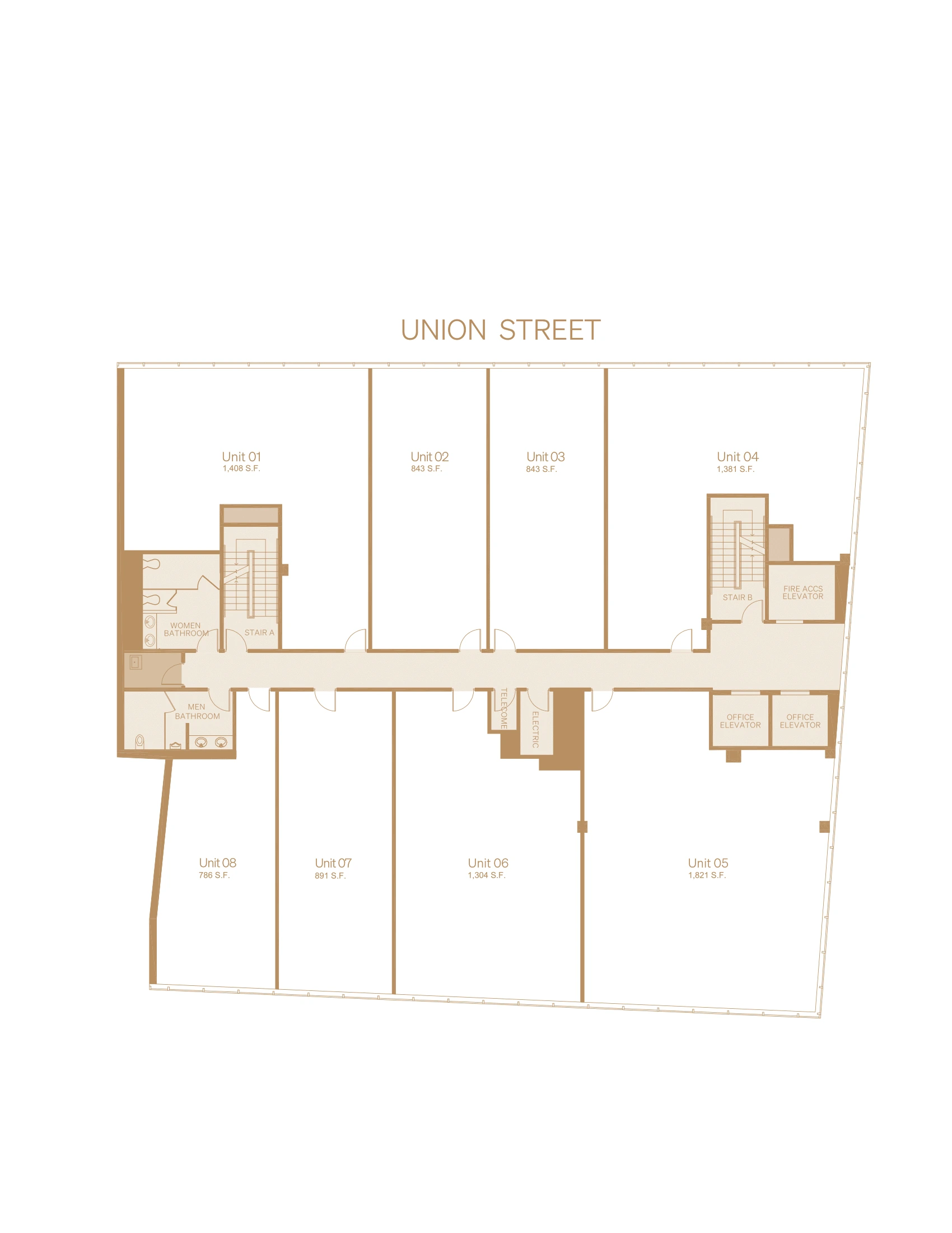 Union Center Floor 9 office floor plan in Flushing, showing unit layout and common circulation