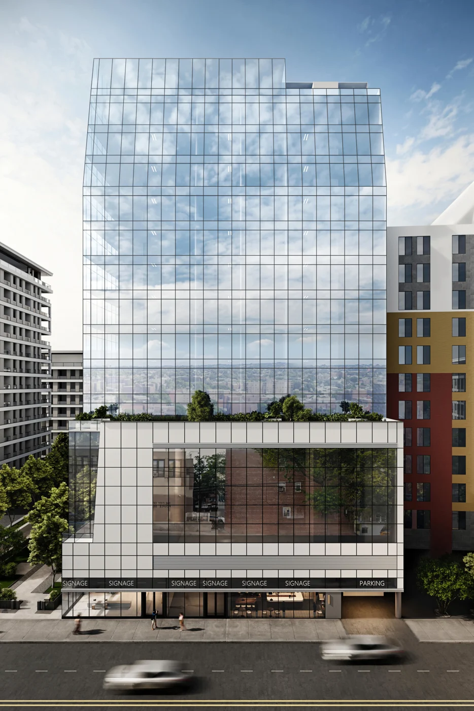 Union Center office building in Flushing, Queens: glass facade and street-level entrances, exterior rendering