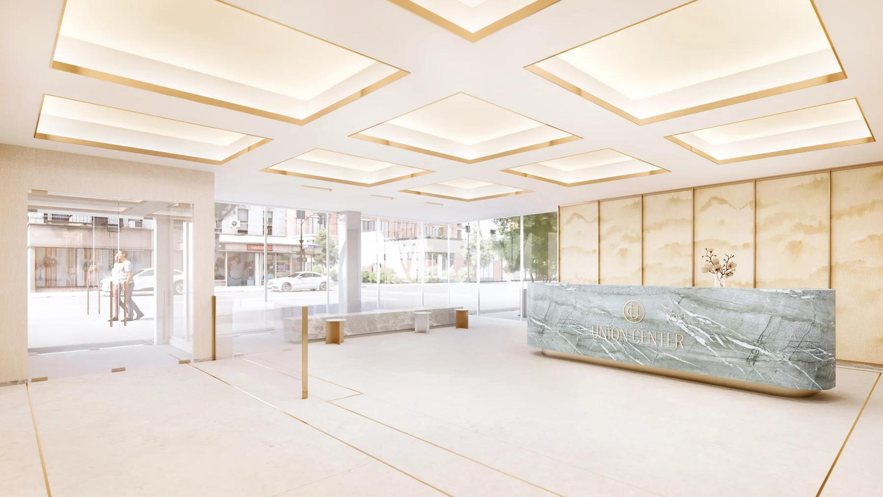 Union Center lobby rendering in Flushing, with reception desk, glass entrance and waiting-area seating
