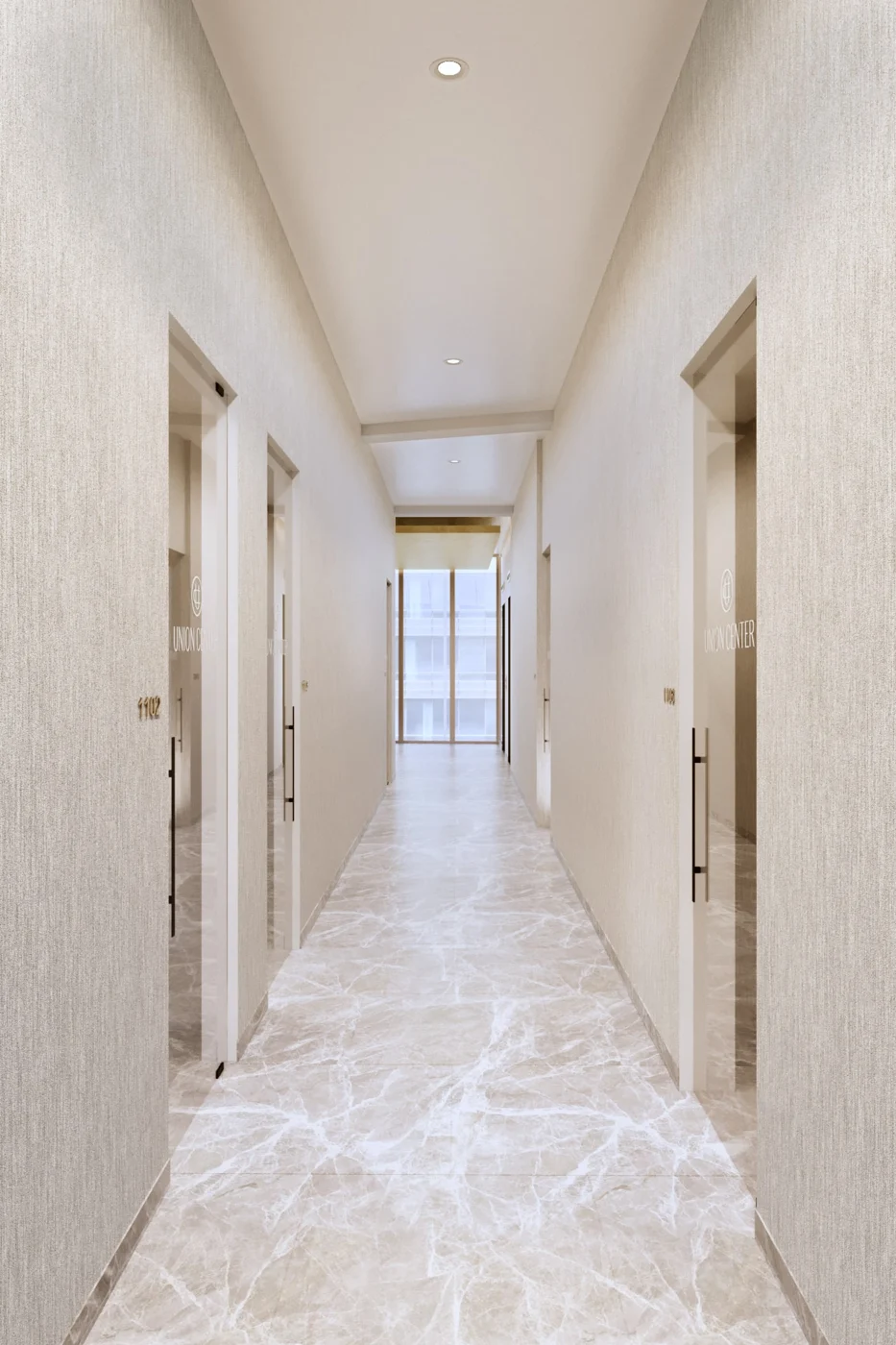 Union Center office corridor in Flushing, with unit entrances on both sides and a window at the end