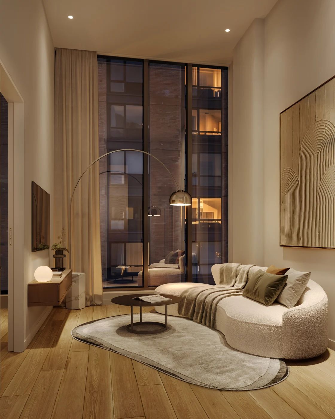 The Icon condominium living room in Long Island City, with floor-to-ceiling windows, wood flooring and sofa seating